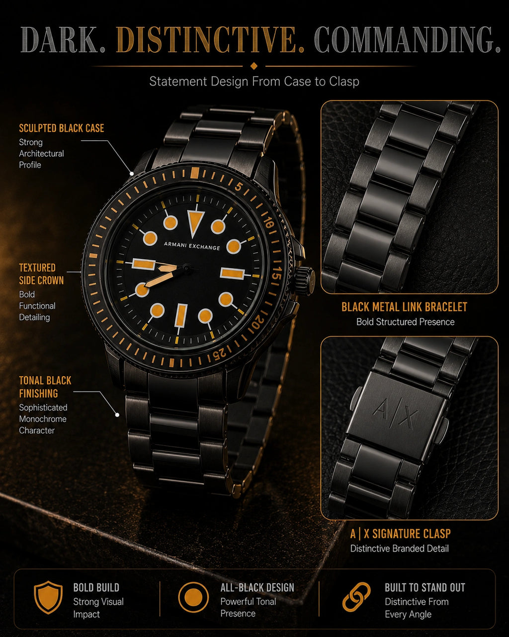 A|X Armani Exchange Black & Orange Men’s Metal Bracelet Watch