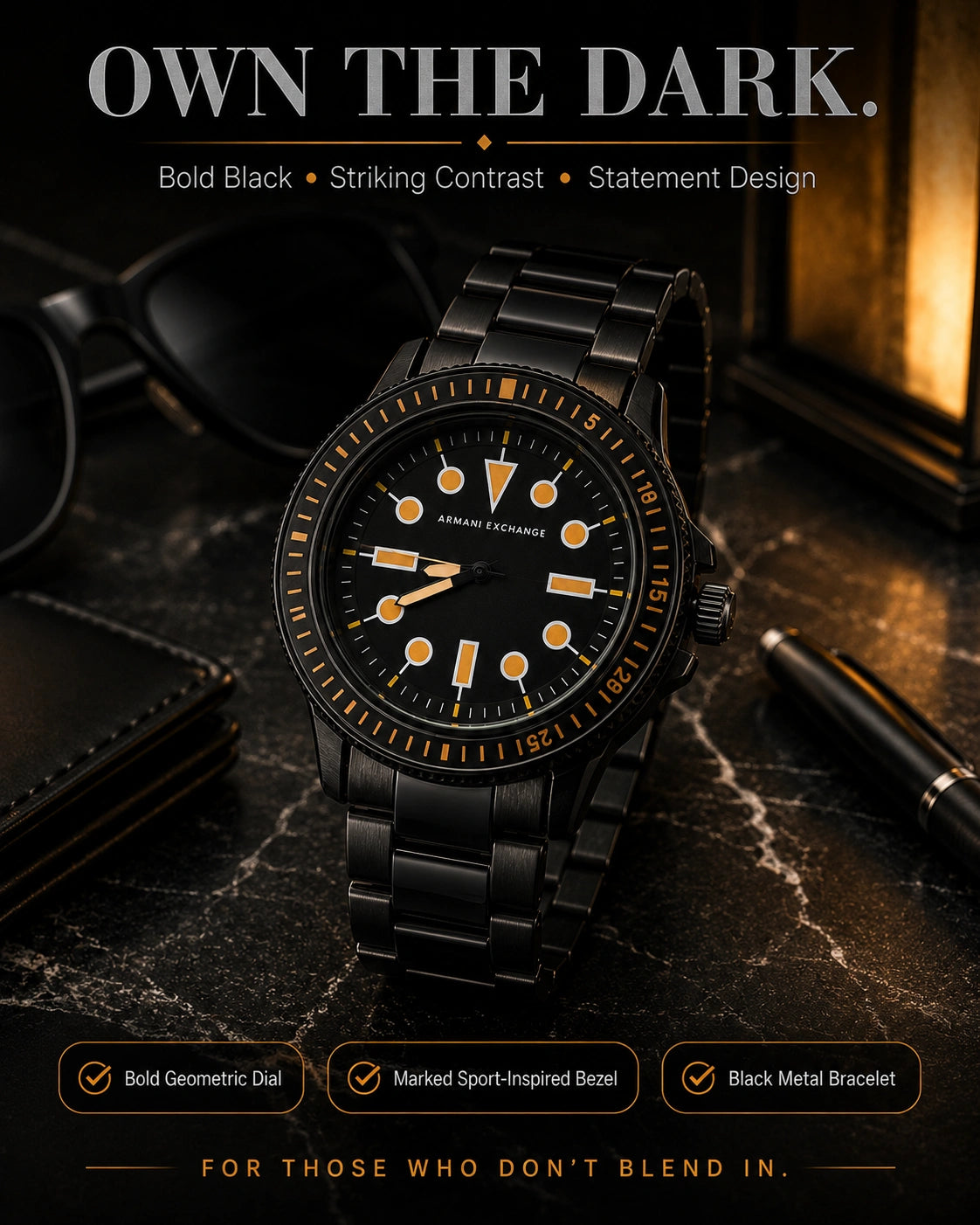 A|X Armani Exchange Black & Orange Men’s Metal Bracelet Watch