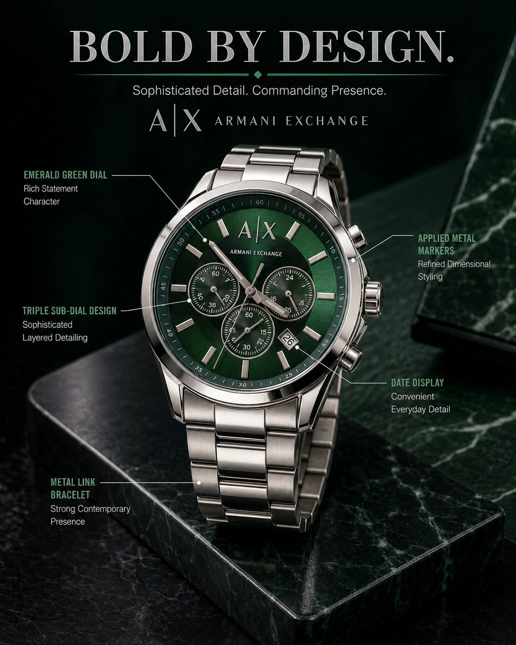 A|X Armani Exchange Emerald Green Multi-Dial Men’s Watch – Silver Metal Bracelet