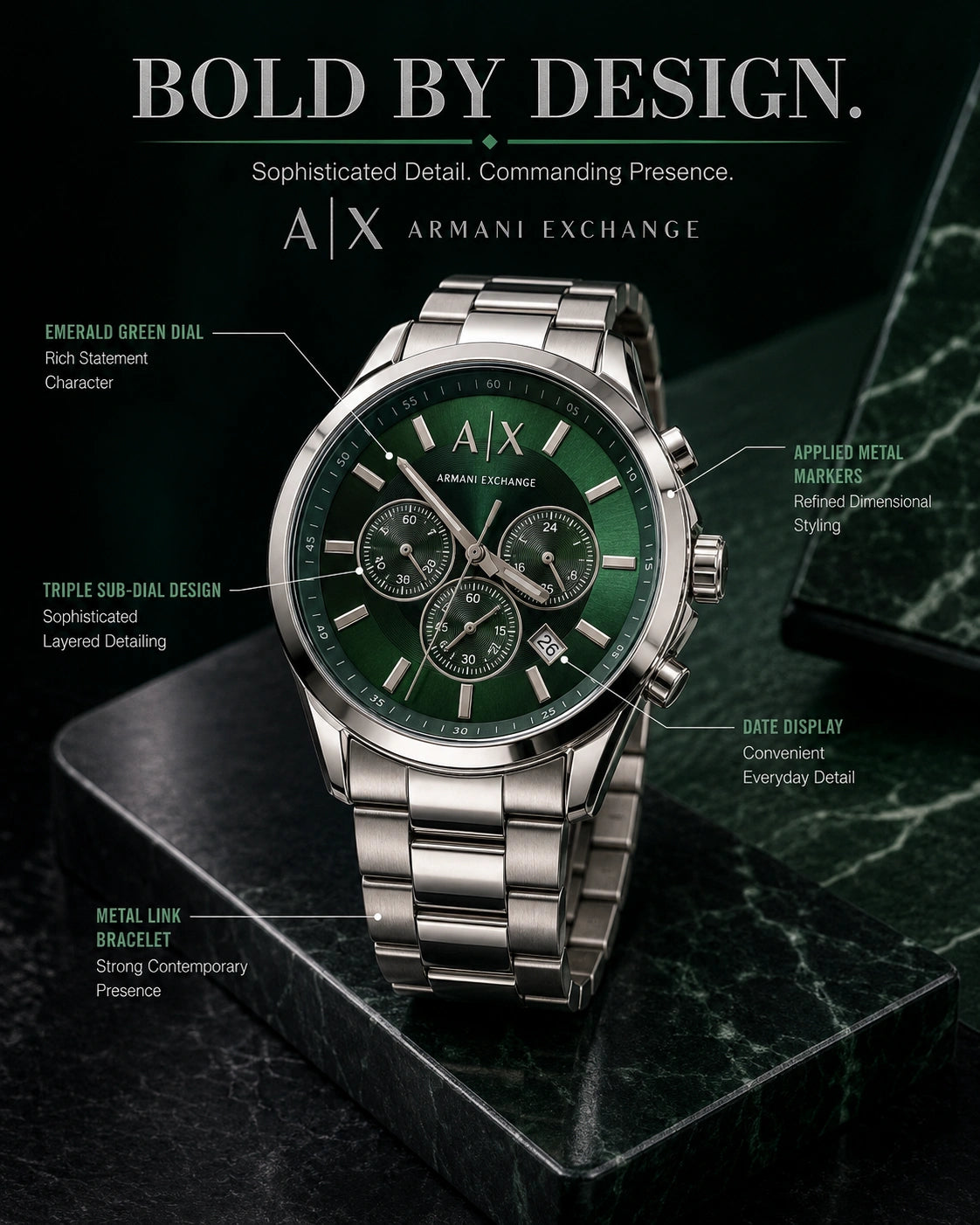 A|X Armani Exchange Emerald Green Multi-Dial Men’s Watch – Silver Metal Bracelet