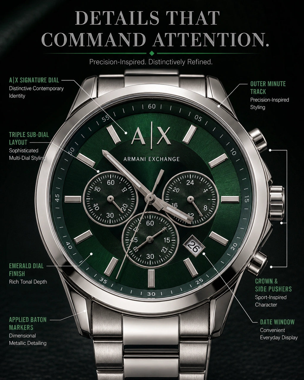 A|X Armani Exchange Emerald Green Multi-Dial Men’s Watch – Silver Metal Bracelet