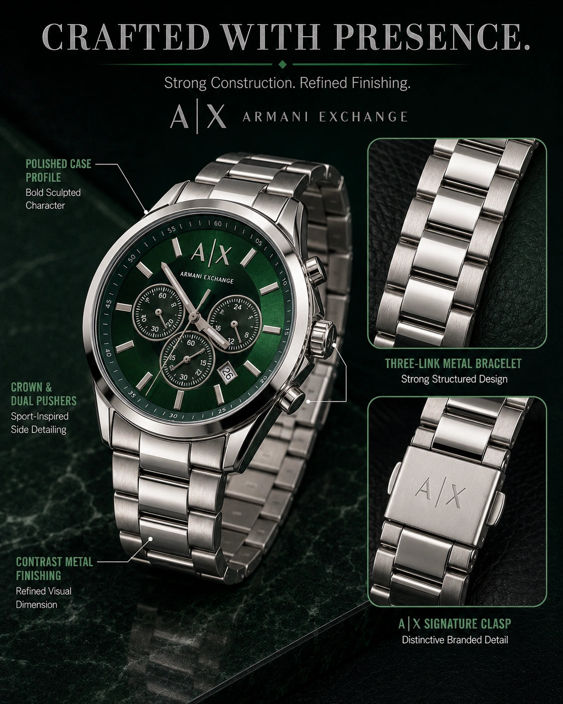 A|X Armani Exchange Emerald Green Multi-Dial Men’s Watch – Silver Metal Bracelet