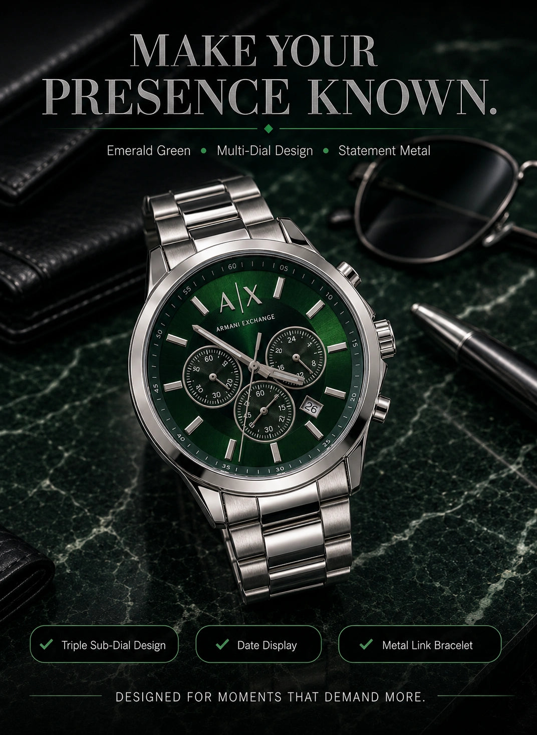 A|X Armani Exchange Emerald Green Multi-Dial Men’s Watch – Silver Metal Bracelet