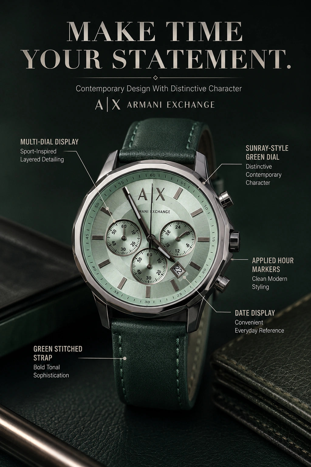 A|X Armani Exchange Signature Green Multi-Dial Men’s Watch – Green Strap