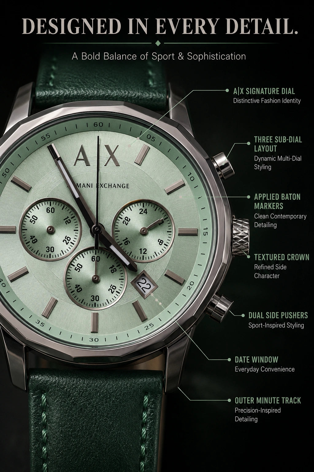A|X Armani Exchange Signature Green Multi-Dial Men’s Watch – Green Strap