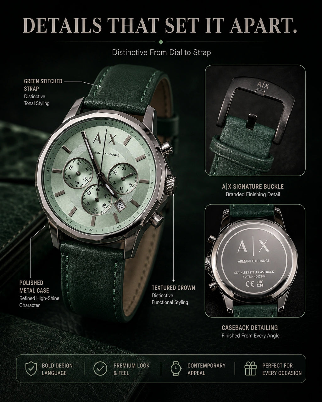 A|X Armani Exchange Signature Green Multi-Dial Men’s Watch – Green Strap