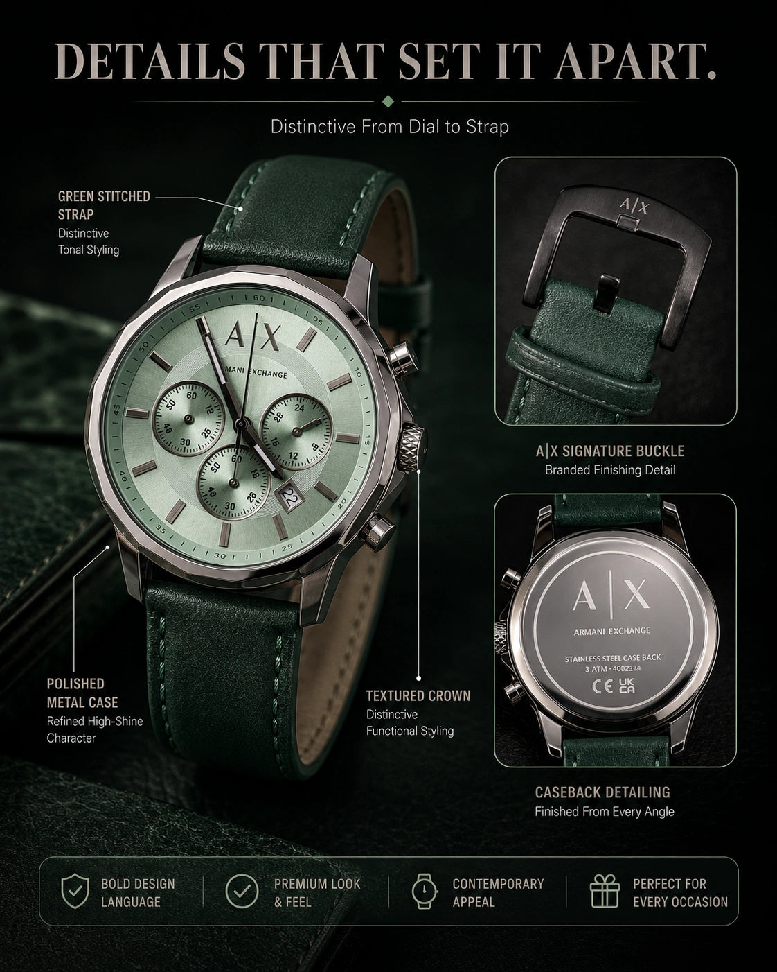 A|X Armani Exchange Signature Green Multi-Dial Men’s Watch – Green Strap
