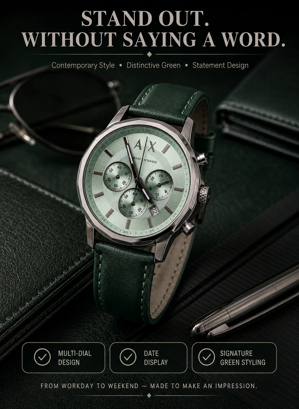 A|X Armani Exchange Signature Green Multi-Dial Men’s Watch – Green Strap