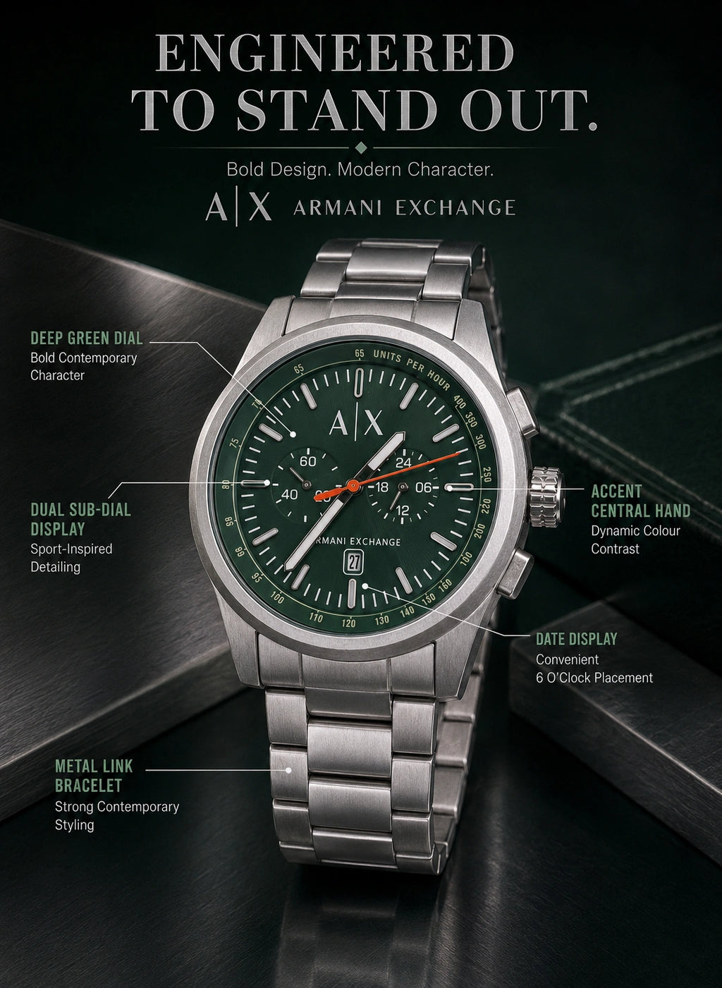 A|X Armani Exchange Velocity Green Multi-Dial Men’s Watch – Silver Metal Bracelet