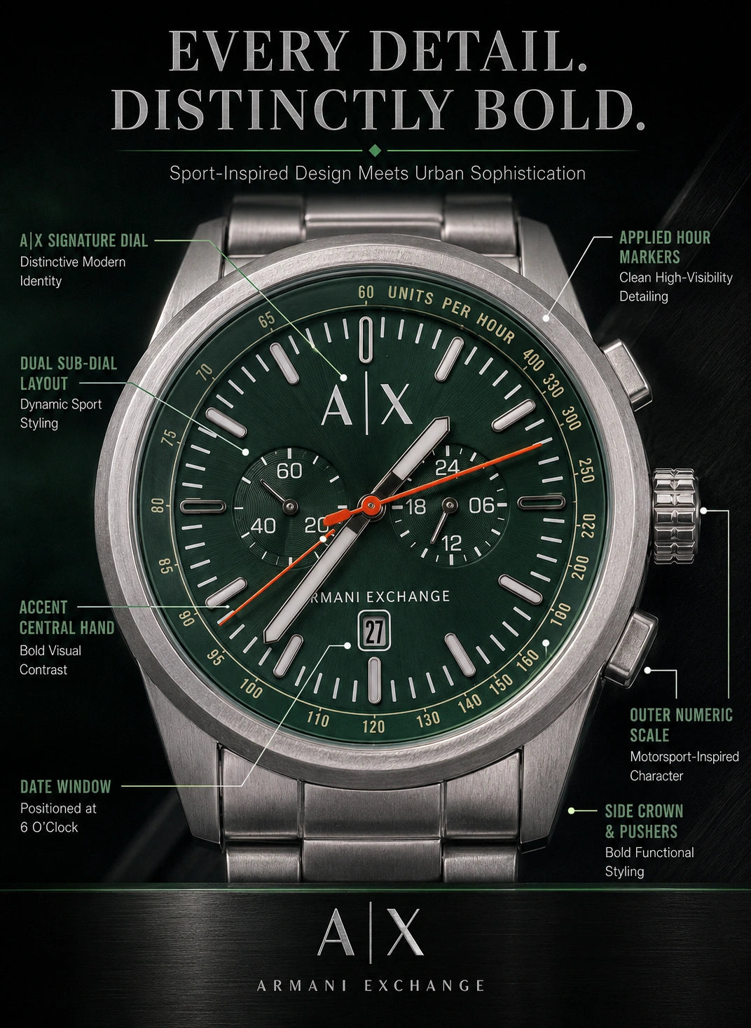 A|X Armani Exchange Velocity Green Multi-Dial Men’s Watch – Silver Metal Bracelet