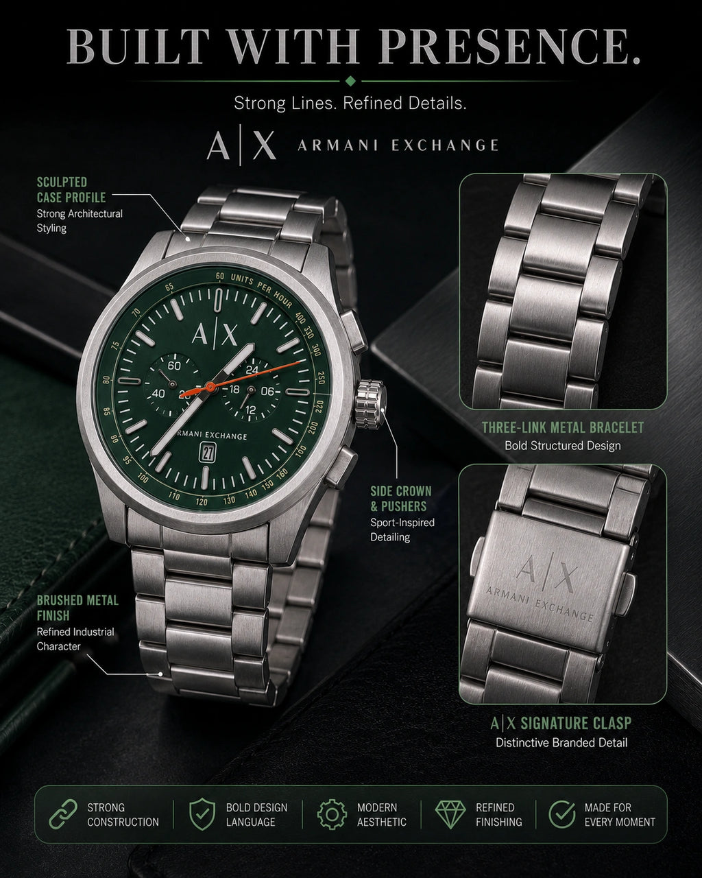 A|X Armani Exchange Velocity Green Multi-Dial Men’s Watch – Silver Metal Bracelet