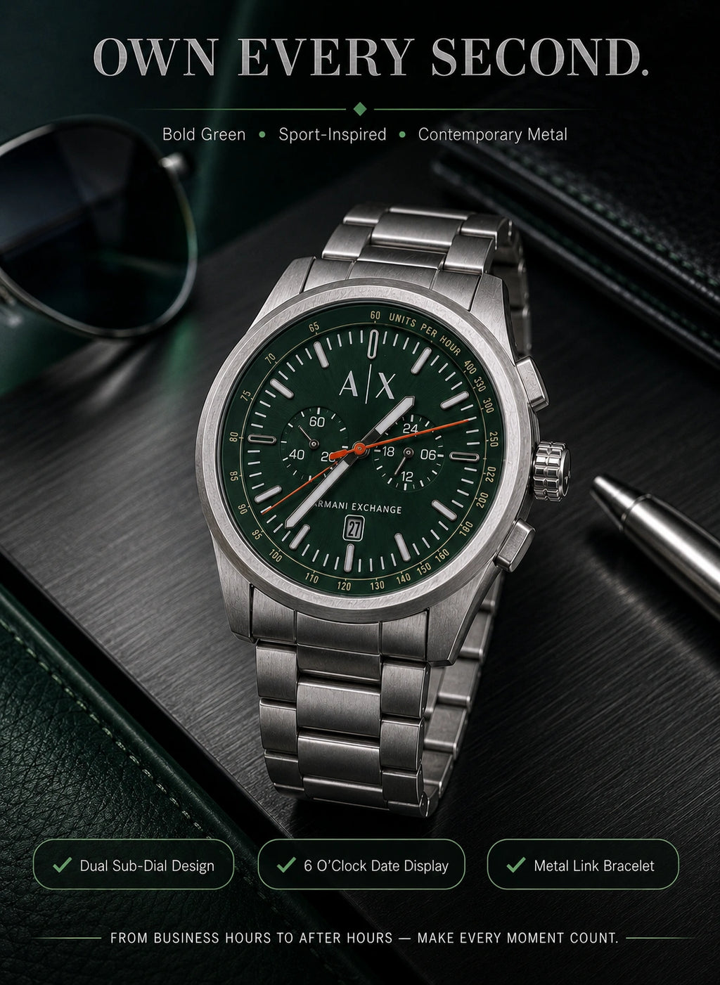 A|X Armani Exchange Velocity Green Multi-Dial Men’s Watch – Silver Metal Bracelet