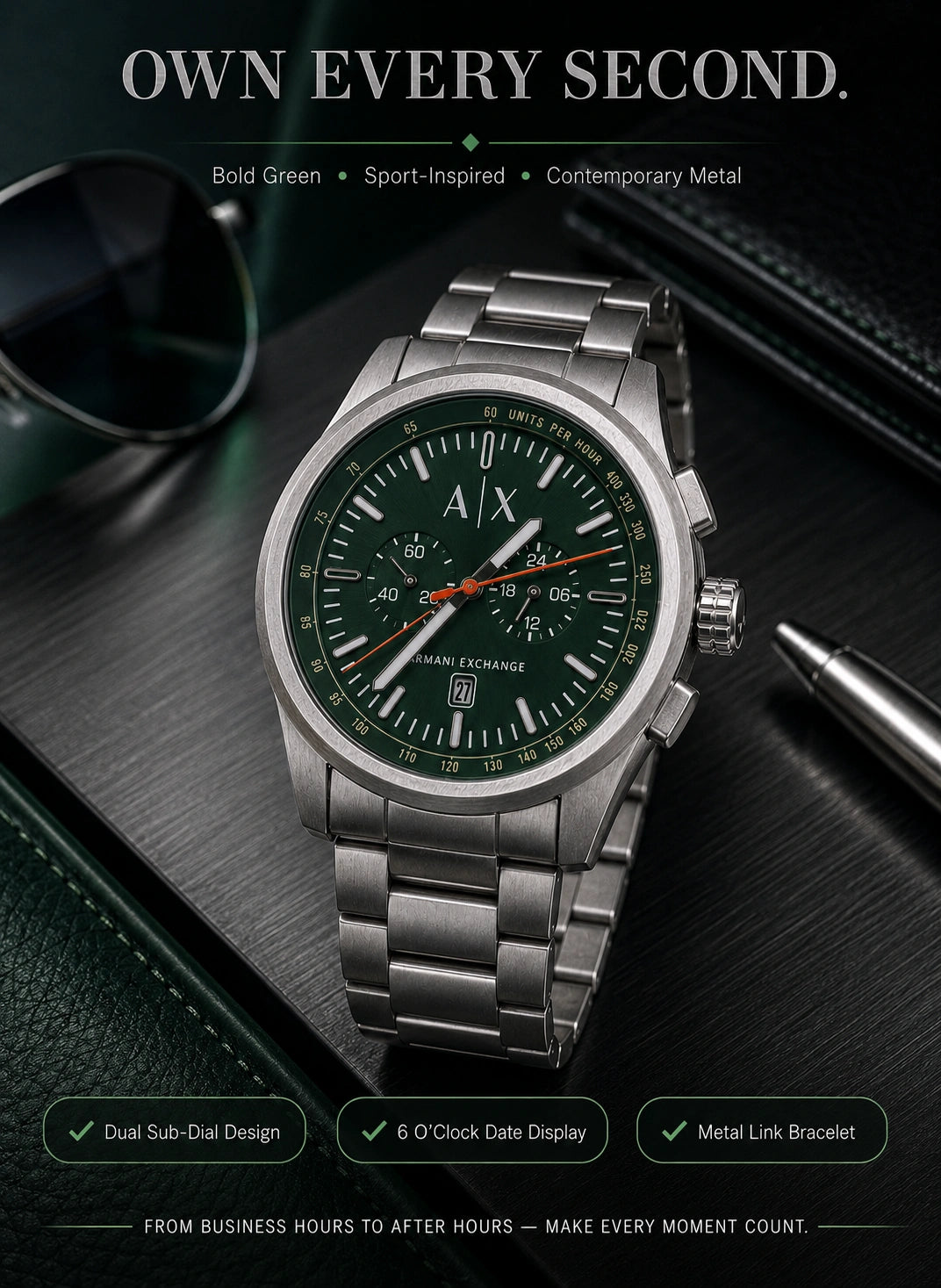A|X Armani Exchange Velocity Green Multi-Dial Men’s Watch – Silver Metal Bracelet