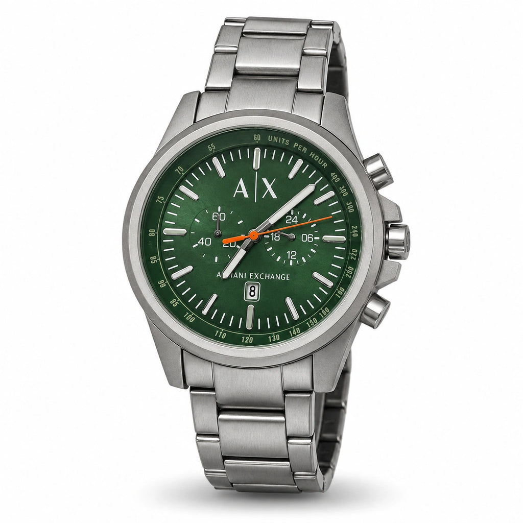 A|X Armani Exchange Velocity Green Multi-Dial Men’s Watch – Silver Metal Bracelet