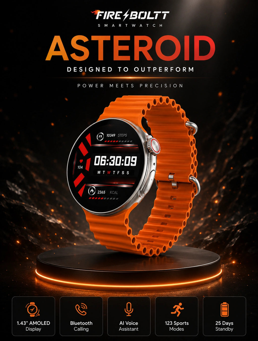 Fire-Boltt Asteroid 1.43" AMOLED Bluetooth Calling Smartwatch with AI Voice Assistant | Orange
