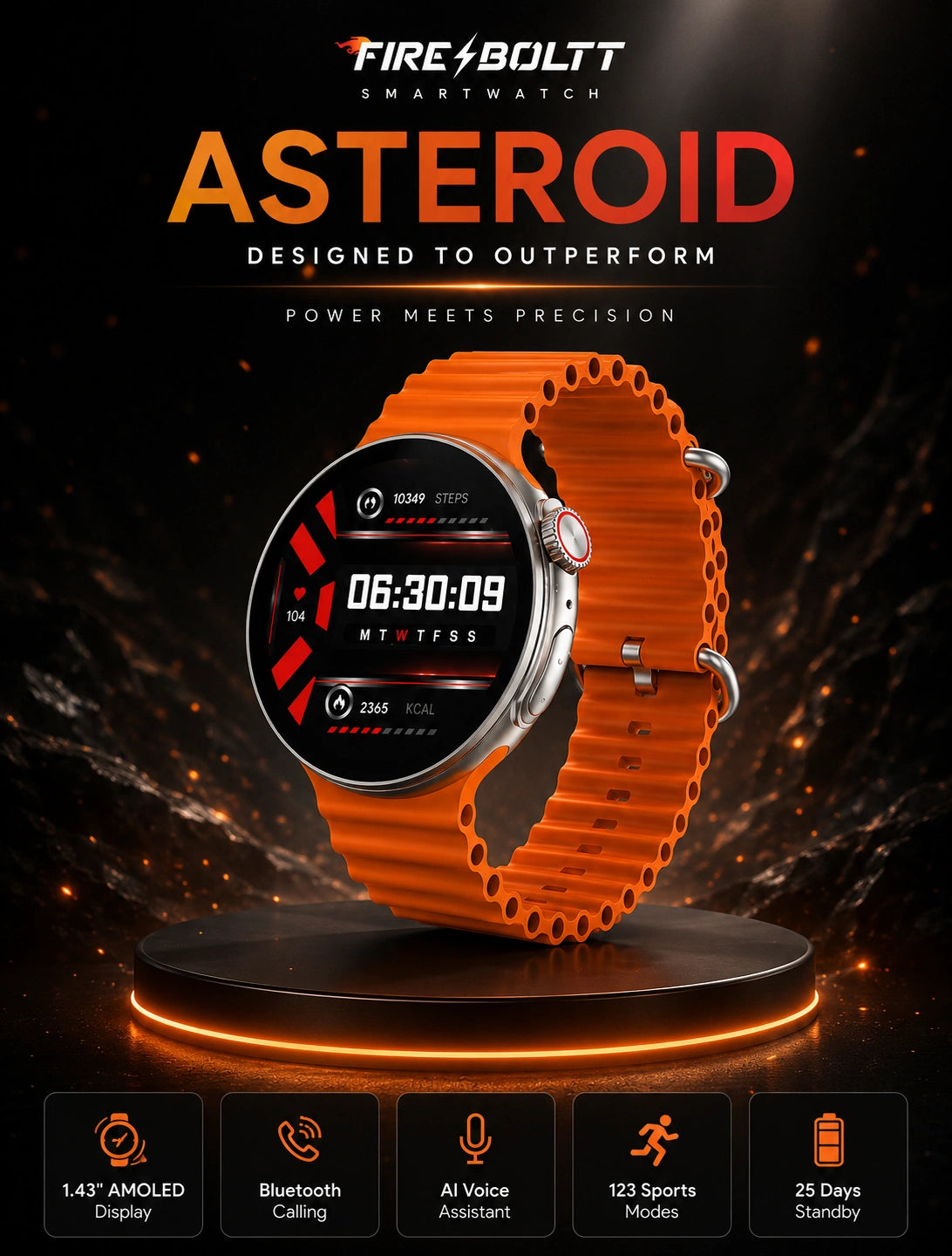 Fire-Boltt Asteroid 1.43" AMOLED Bluetooth Calling Smartwatch with AI Voice Assistant | Orange