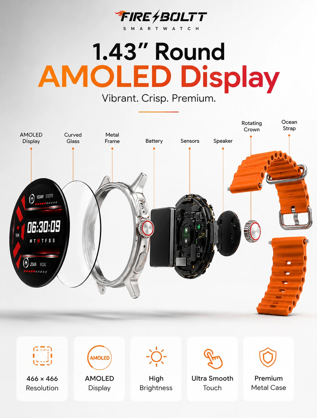 Fire-Boltt Asteroid 1.43" AMOLED Bluetooth Calling Smartwatch with AI Voice Assistant | Orange
