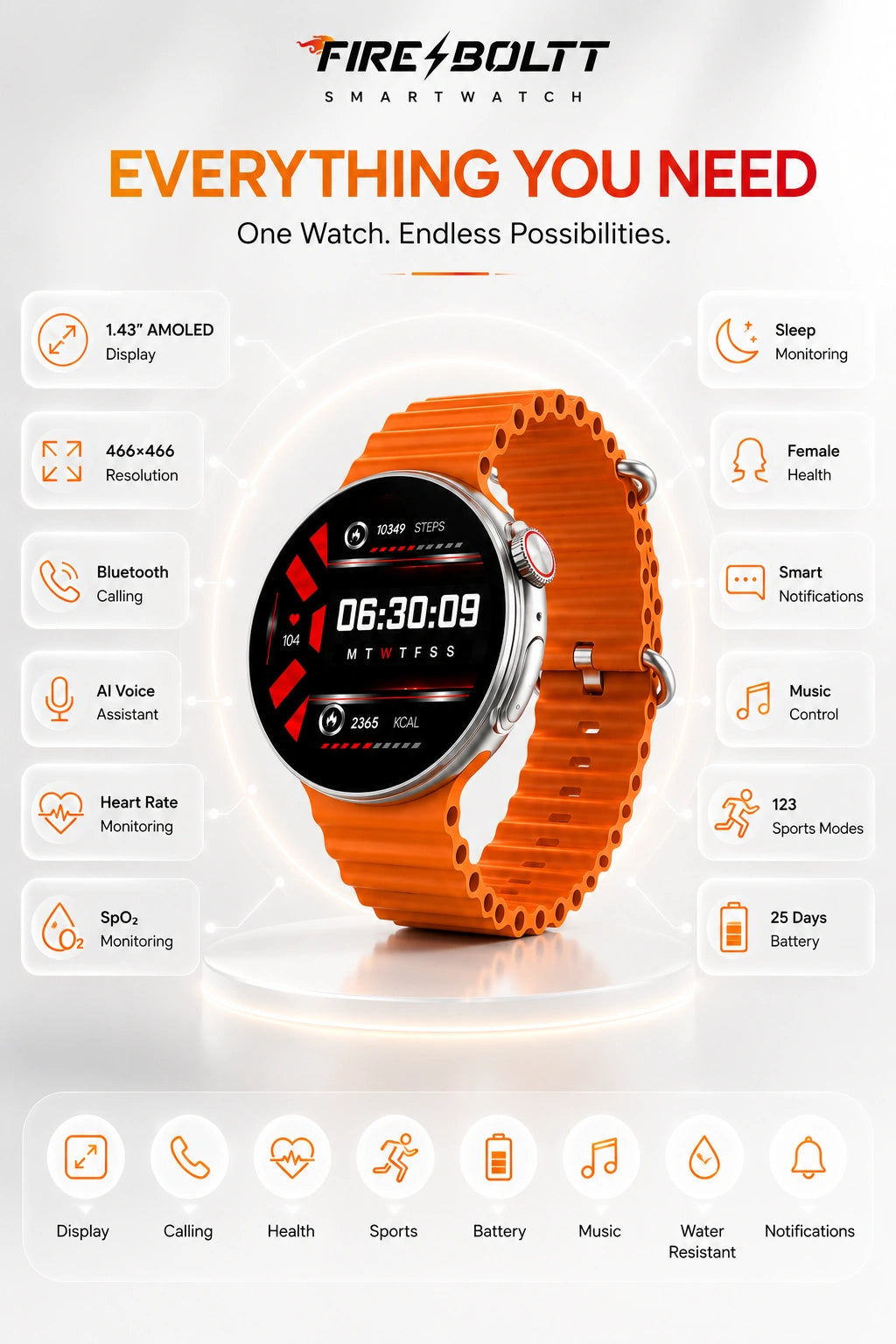 Fire-Boltt Asteroid 1.43" AMOLED Bluetooth Calling Smartwatch with AI Voice Assistant | Orange