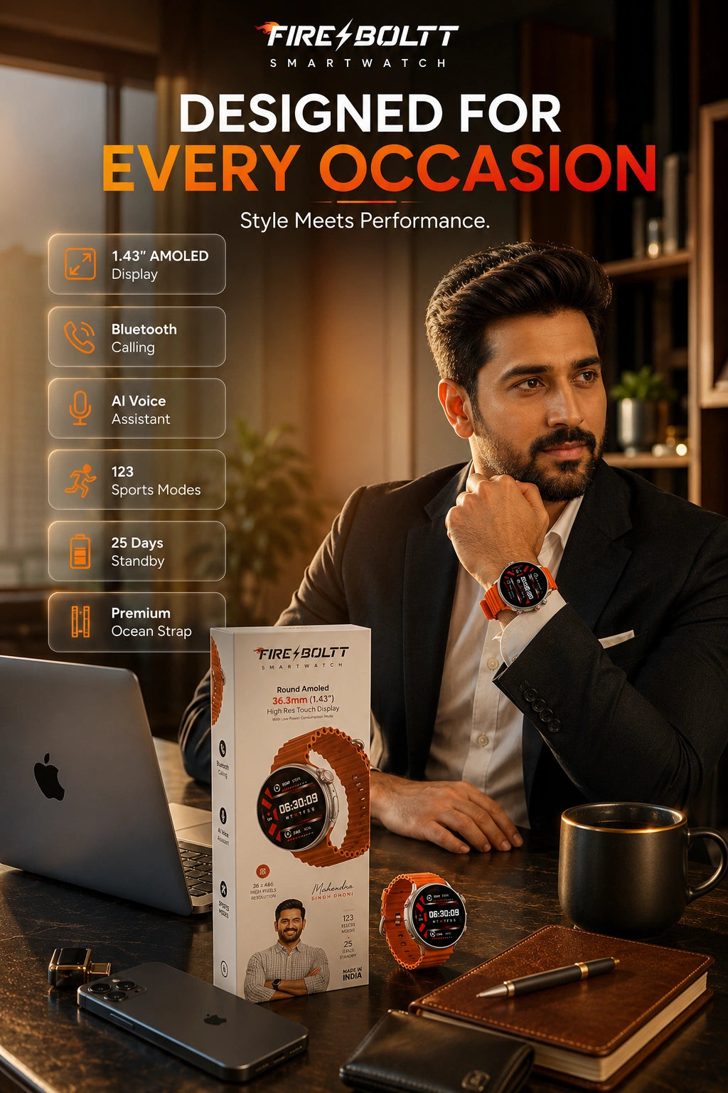 Fire-Boltt Asteroid 1.43" AMOLED Bluetooth Calling Smartwatch with AI Voice Assistant | Orange