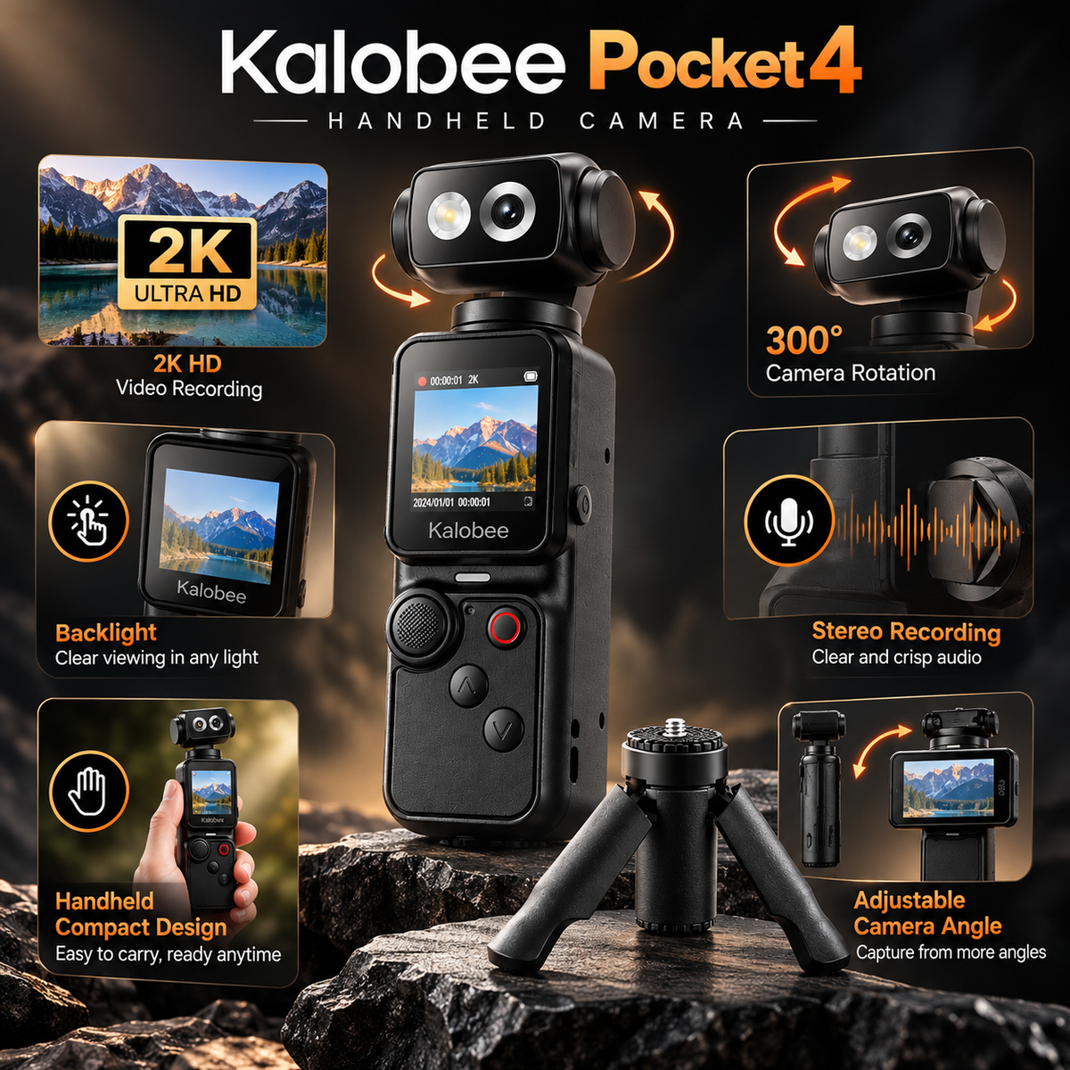 Kalobee Pocket 4K Handheld Camera with Rotating Lens & Mini Tripod