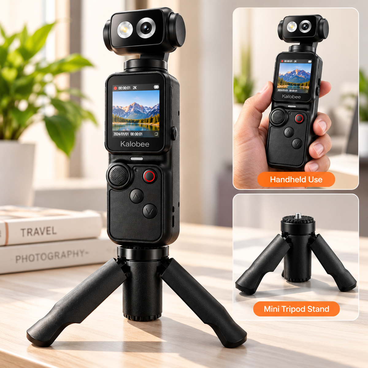 Kalobee Pocket 4K Handheld Camera with Rotating Lens & Mini Tripod
