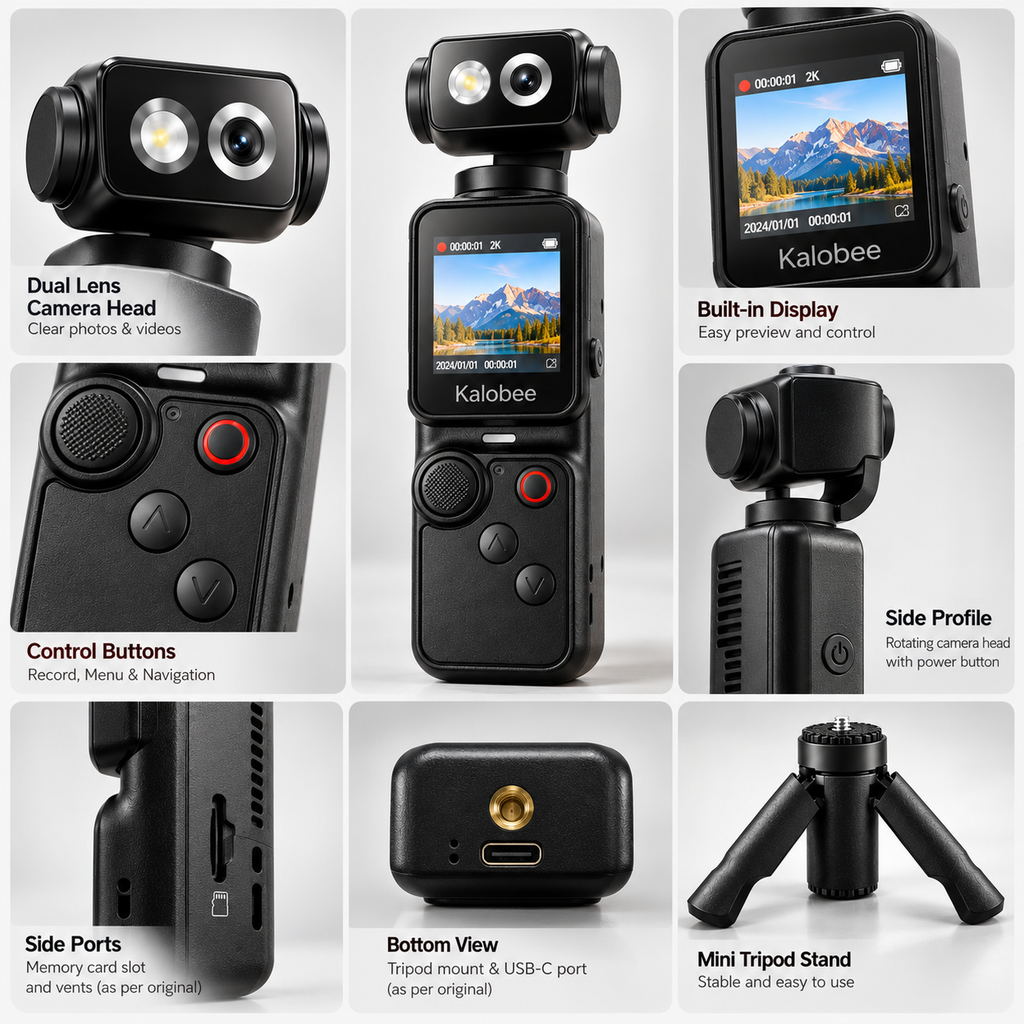 Kalobee Pocket 4K Handheld Camera with Rotating Lens & Mini Tripod
