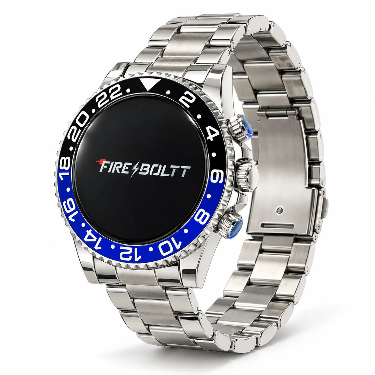 Fire-Boltt Luxe Edition Smartwatch – Silver Metal Bracelet with Blue-Black Bezel