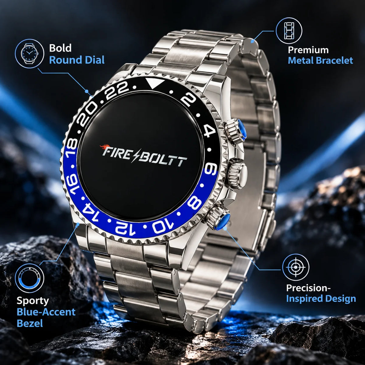 Fire-Boltt Luxe Edition Smartwatch – Silver Metal Bracelet with Blue-Black Bezel