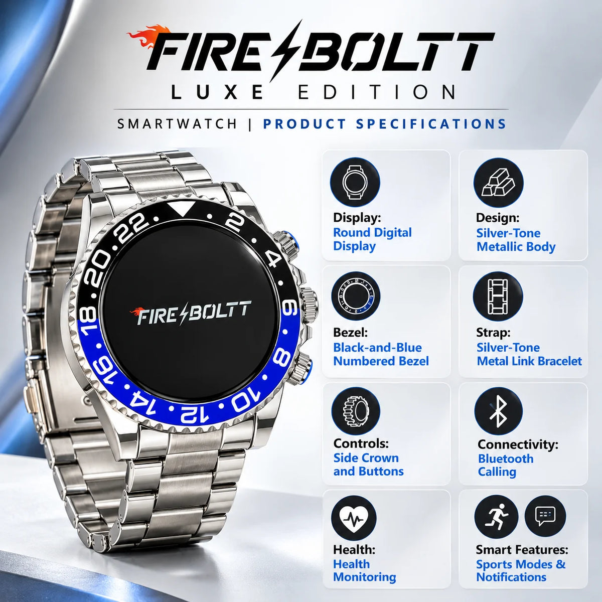 Fire-Boltt Luxe Edition Smartwatch – Silver Metal Bracelet with Blue-Black Bezel