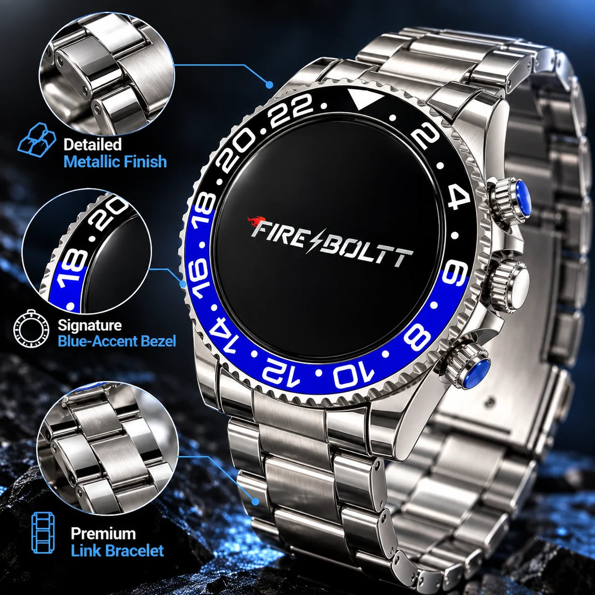 Fire-Boltt Luxe Edition Smartwatch – Silver Metal Bracelet with Blue-Black Bezel