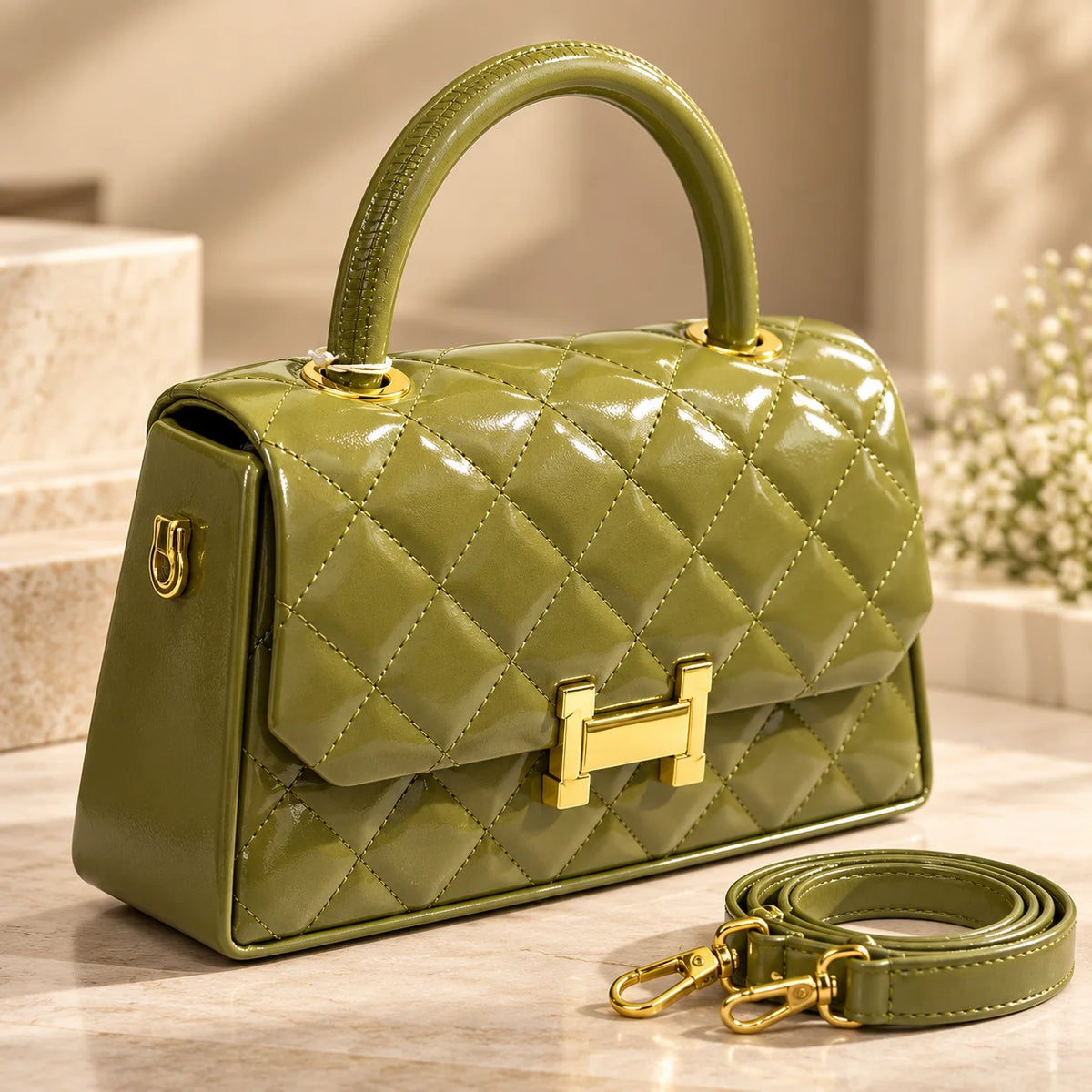 Rayvon Women's Olive Green Quilted Handbag with Detachable Shoulder Strap
