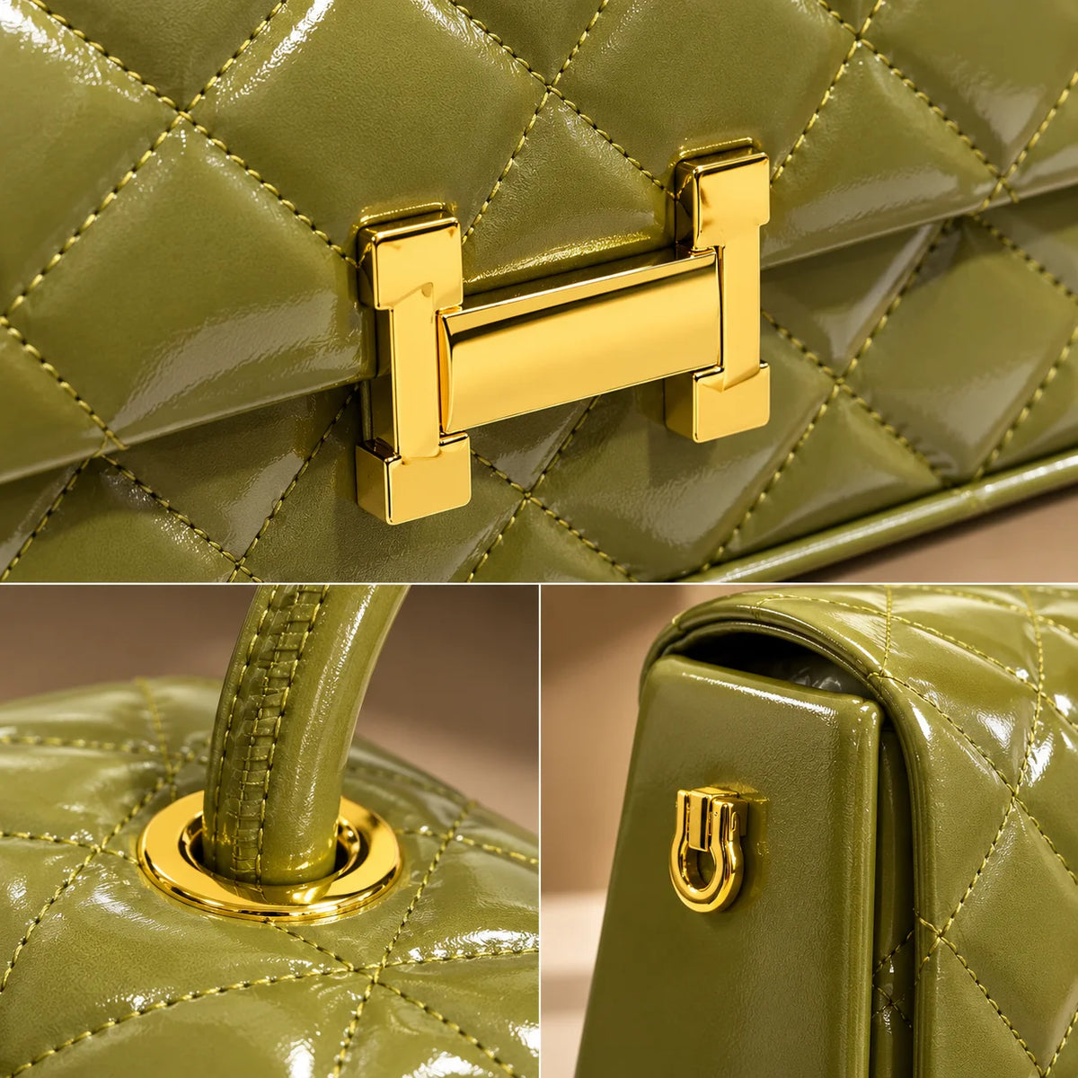 Rayvon Women's Olive Green Quilted Handbag with Detachable Shoulder Strap