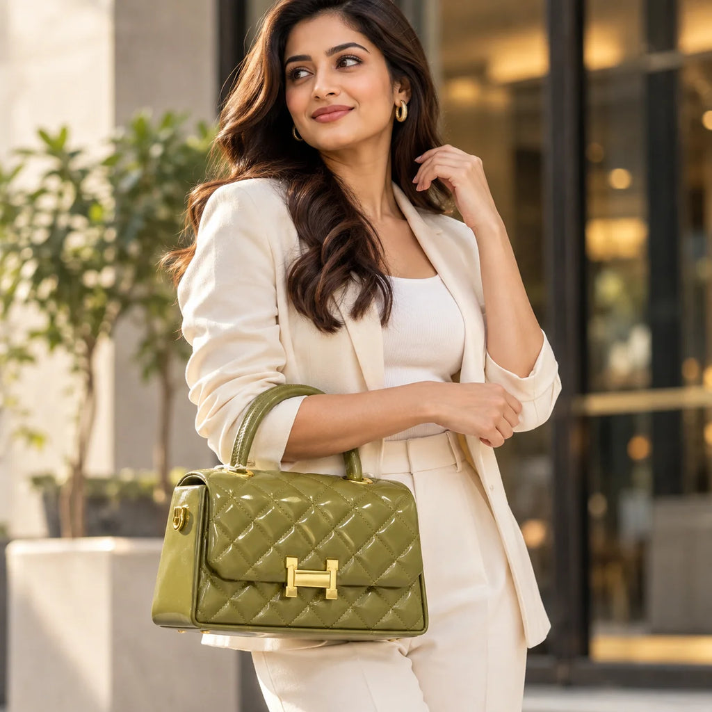 Rayvon Women's Olive Green Quilted Handbag with Detachable Shoulder Strap