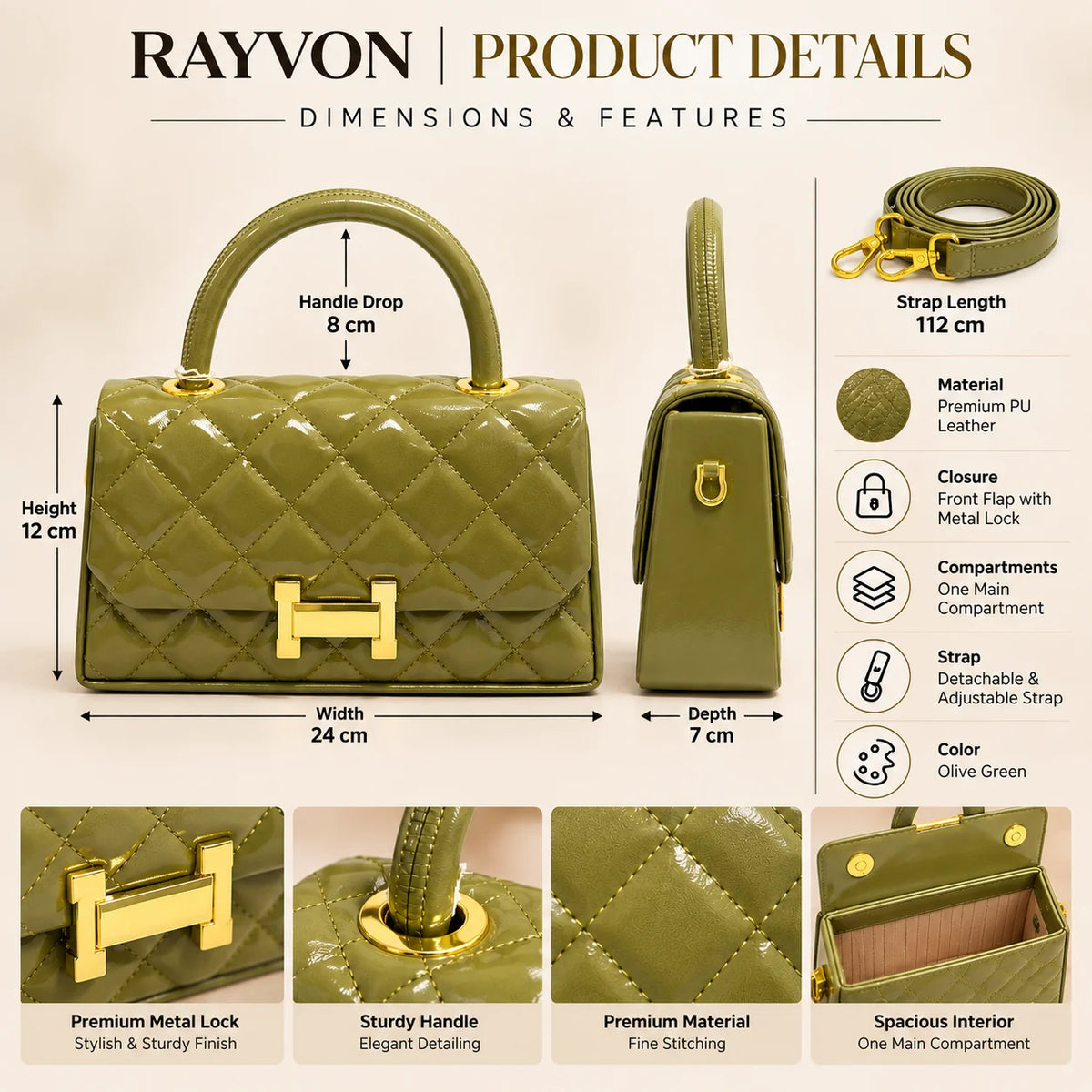 Rayvon Women's Olive Green Quilted Handbag with Detachable Shoulder Strap