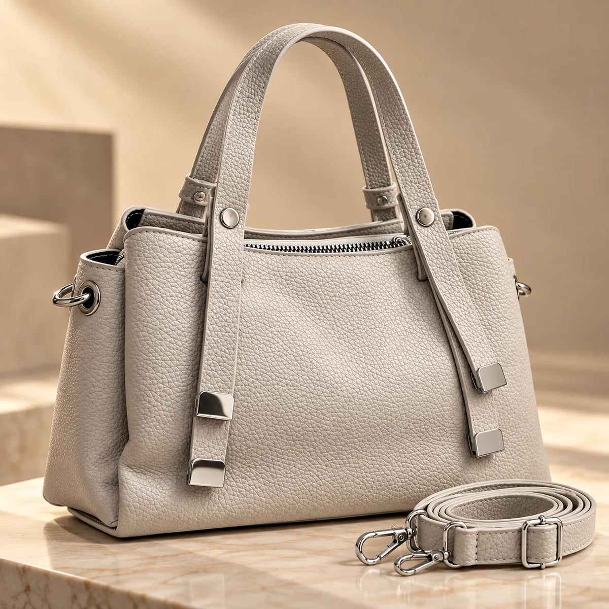 Rayvon Women's Premium Textured PU Leather Handbag with Adjustable Shoulder Strap – Light Grey
