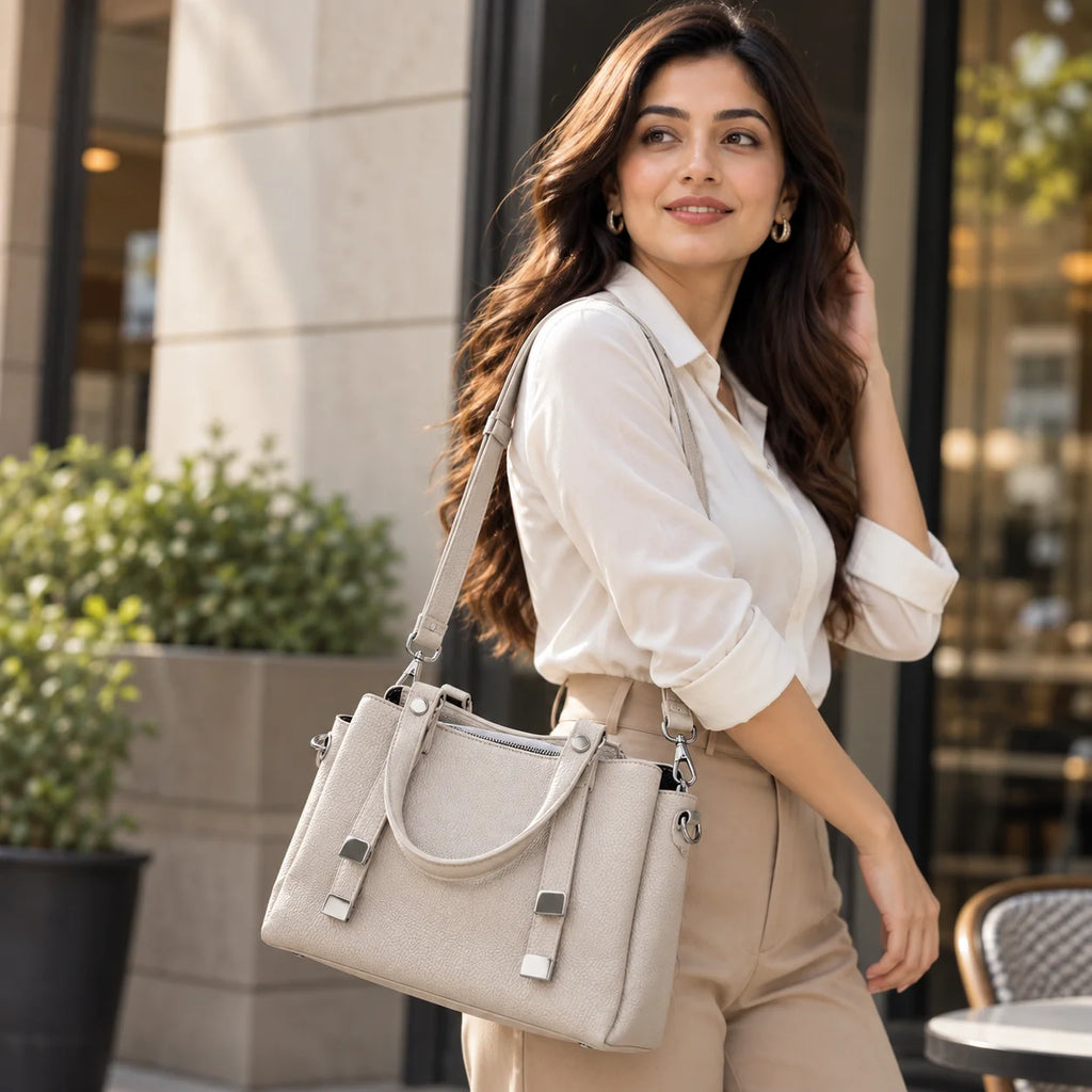Rayvon Women's Premium Textured PU Leather Handbag with Adjustable Shoulder Strap – Light Grey