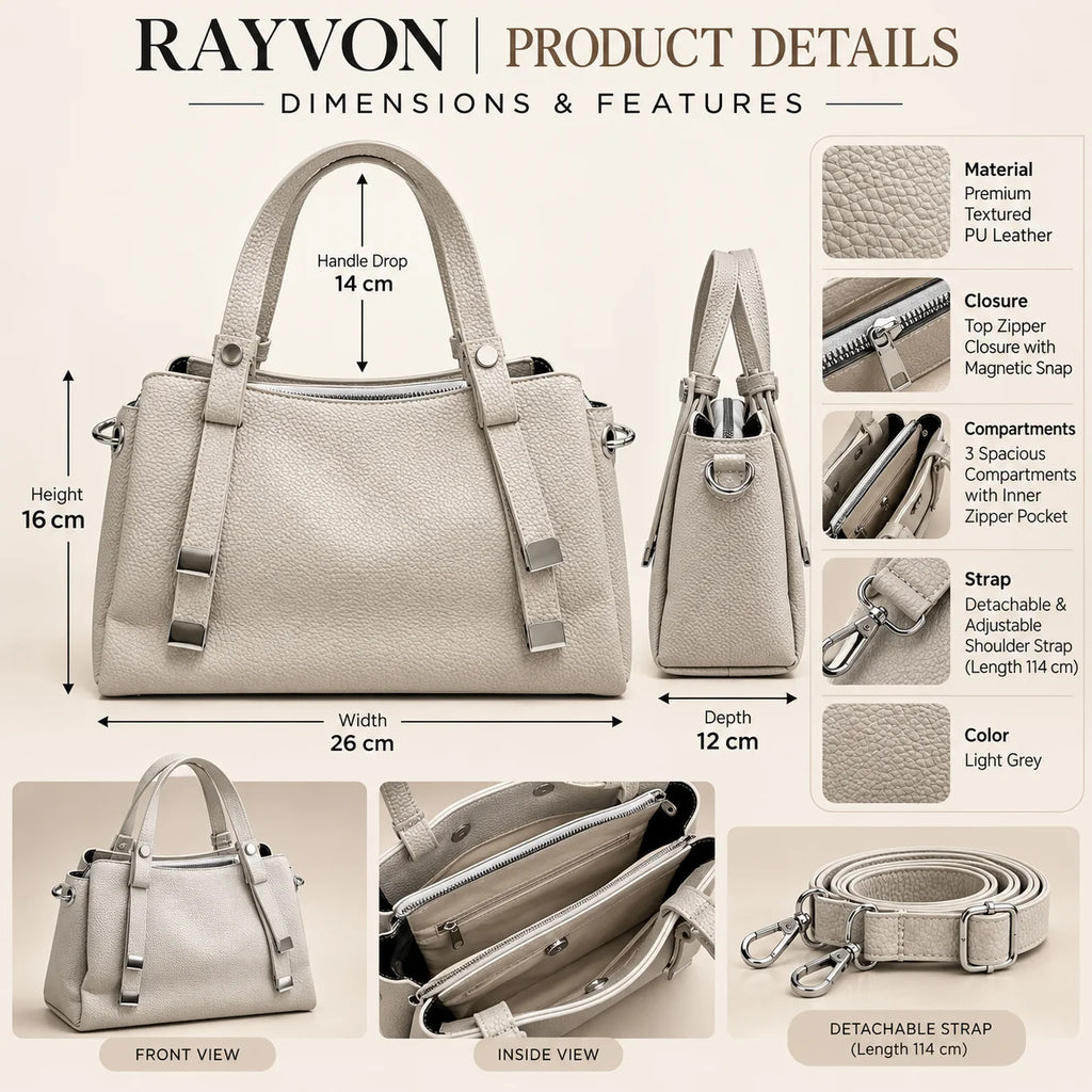 Rayvon Women's Premium Textured PU Leather Handbag with Adjustable Shoulder Strap – Light Grey