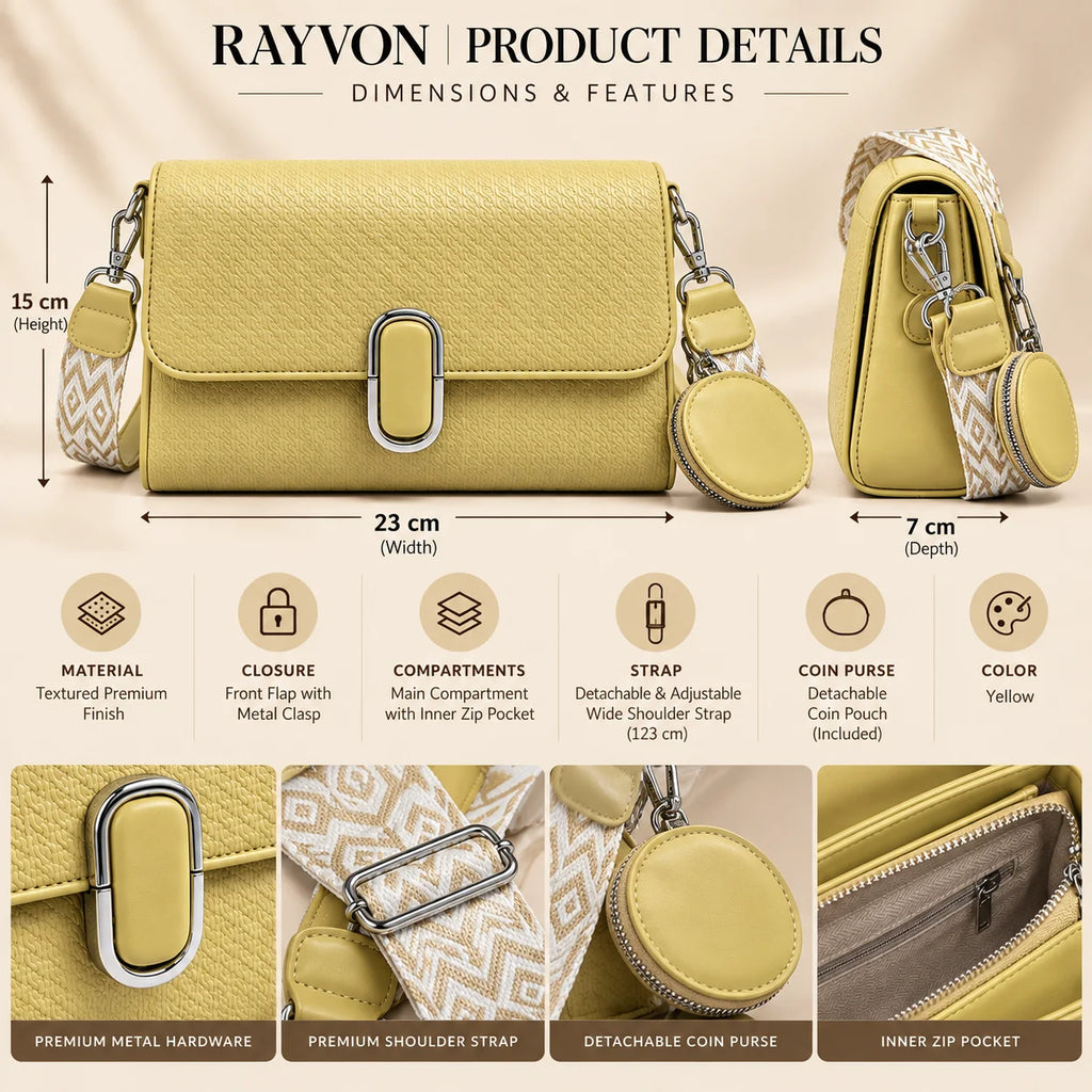 Rayvon Women's Textured Shoulder & Crossbody Bag with Detachable Coin Pouch – Yellow