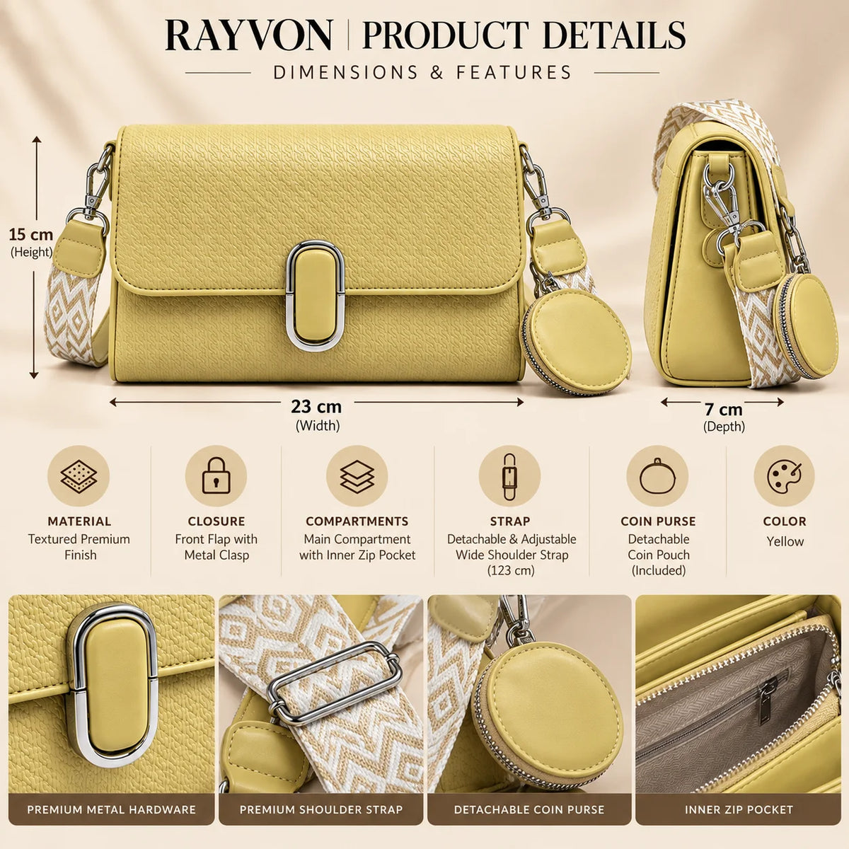 Rayvon Women's Textured Shoulder & Crossbody Bag with Detachable Coin Pouch – Yellow