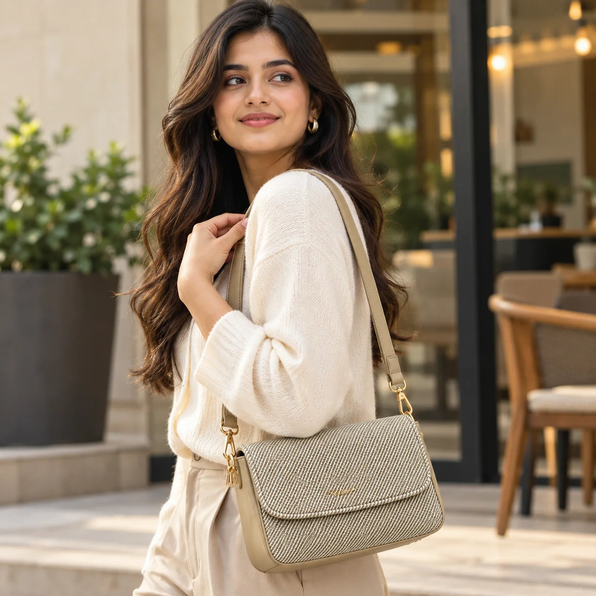 Rayvon Women's Beige Patterned Shoulder & Crossbody Bag