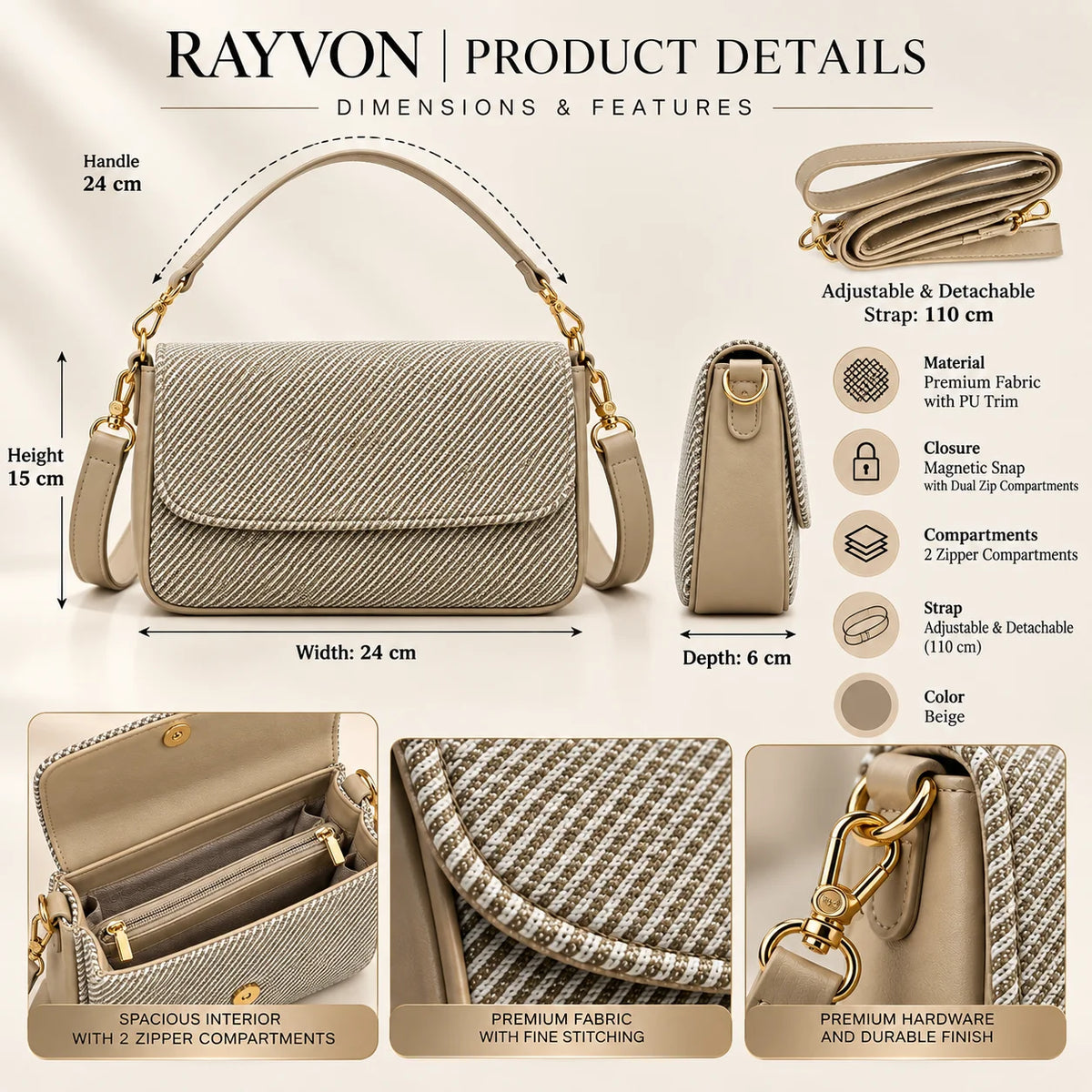 Rayvon Women's Beige Patterned Shoulder & Crossbody Bag