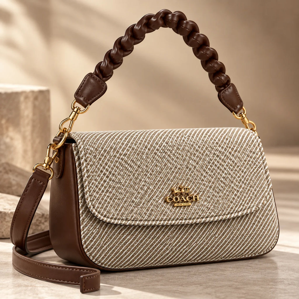 Rayvon Women's Beige & Brown Braided Handle Shoulder Bag