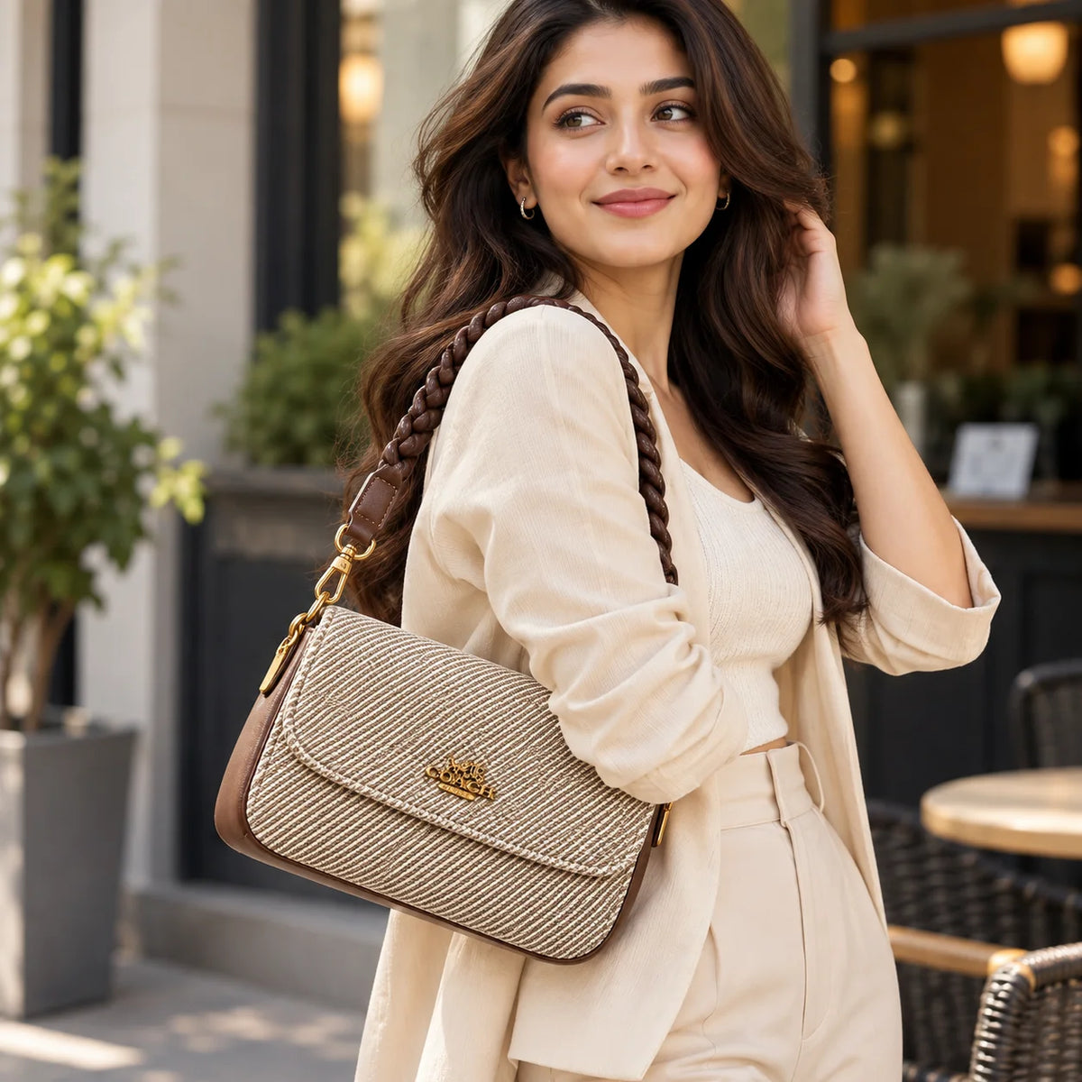 Rayvon Women's Beige & Brown Braided Handle Shoulder Bag