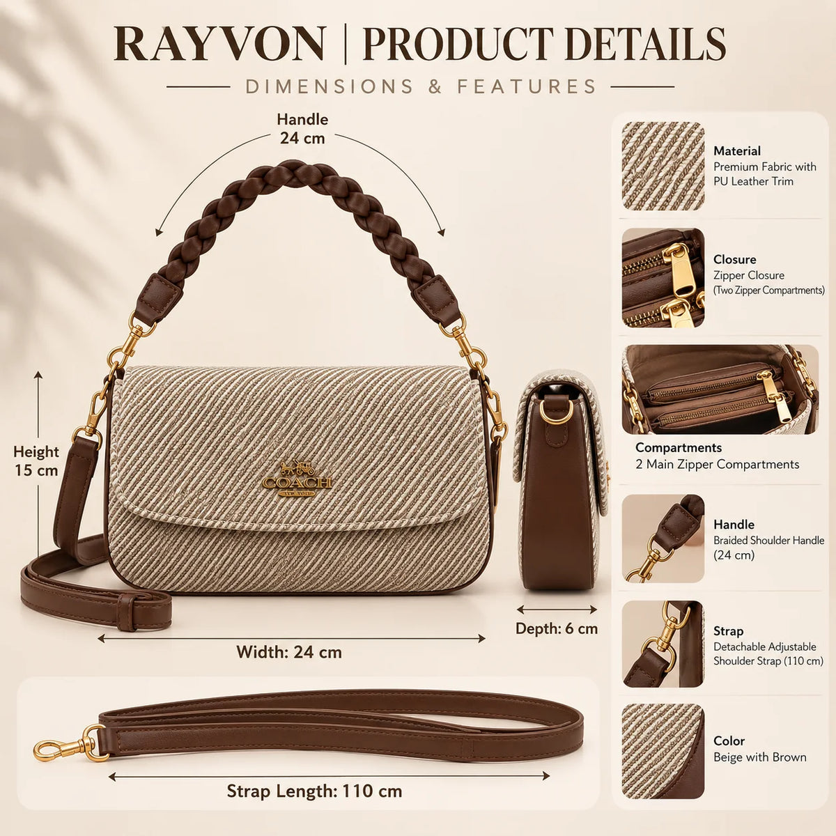 Rayvon Women's Beige & Brown Braided Handle Shoulder Bag