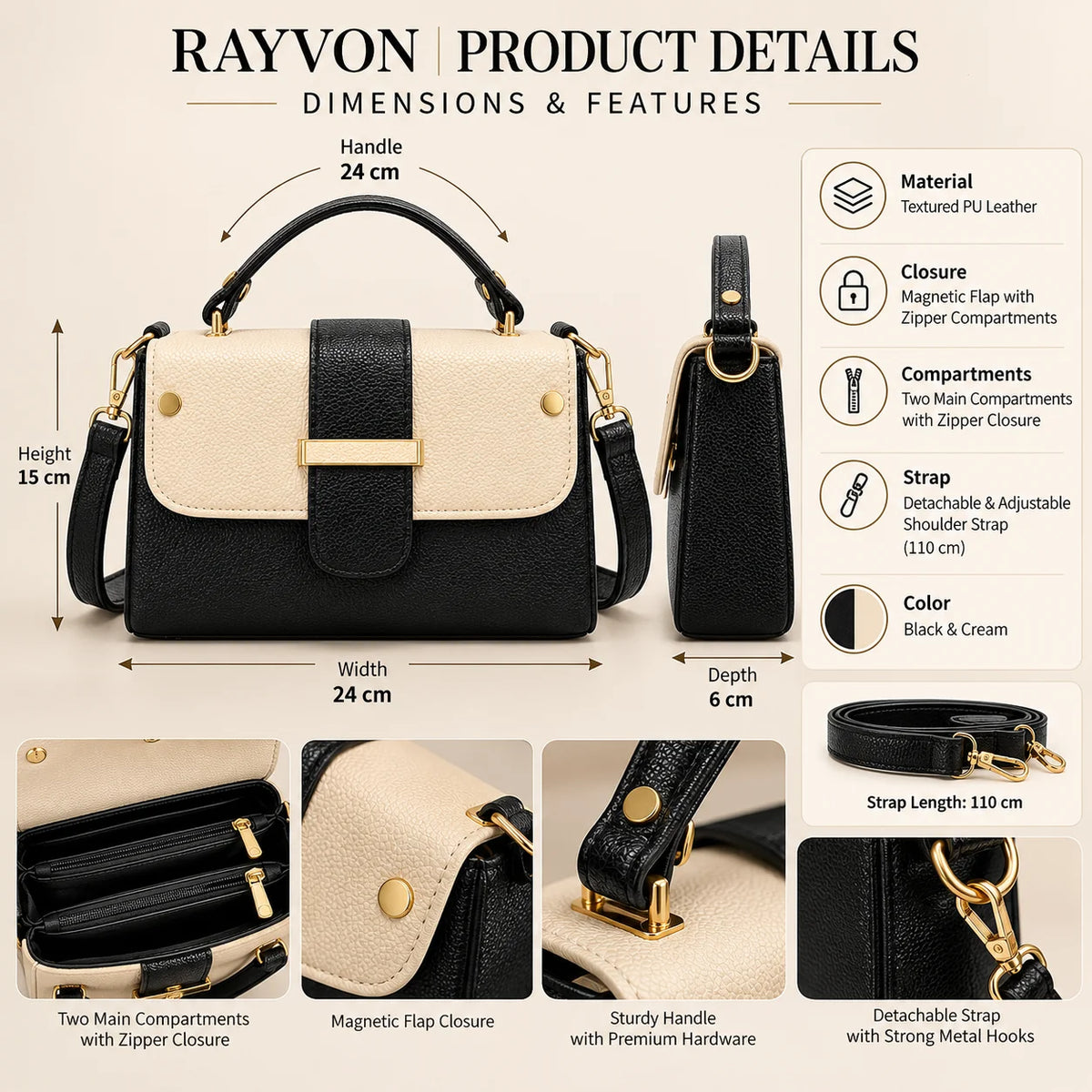 Rayvon Women's Black & Cream Premium Handbag