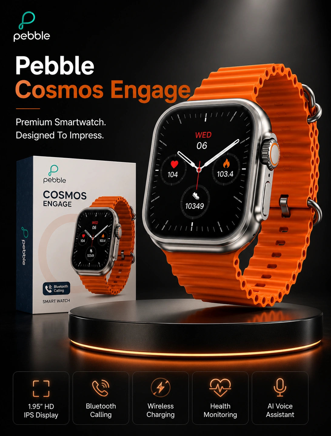 Pebble Cosmos Engage 1.95" HD Bluetooth Calling Smartwatch with Wireless Charging | Orange