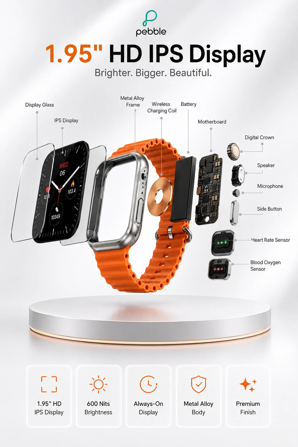 Pebble Cosmos Engage 1.95" HD Bluetooth Calling Smartwatch with Wireless Charging | Orange