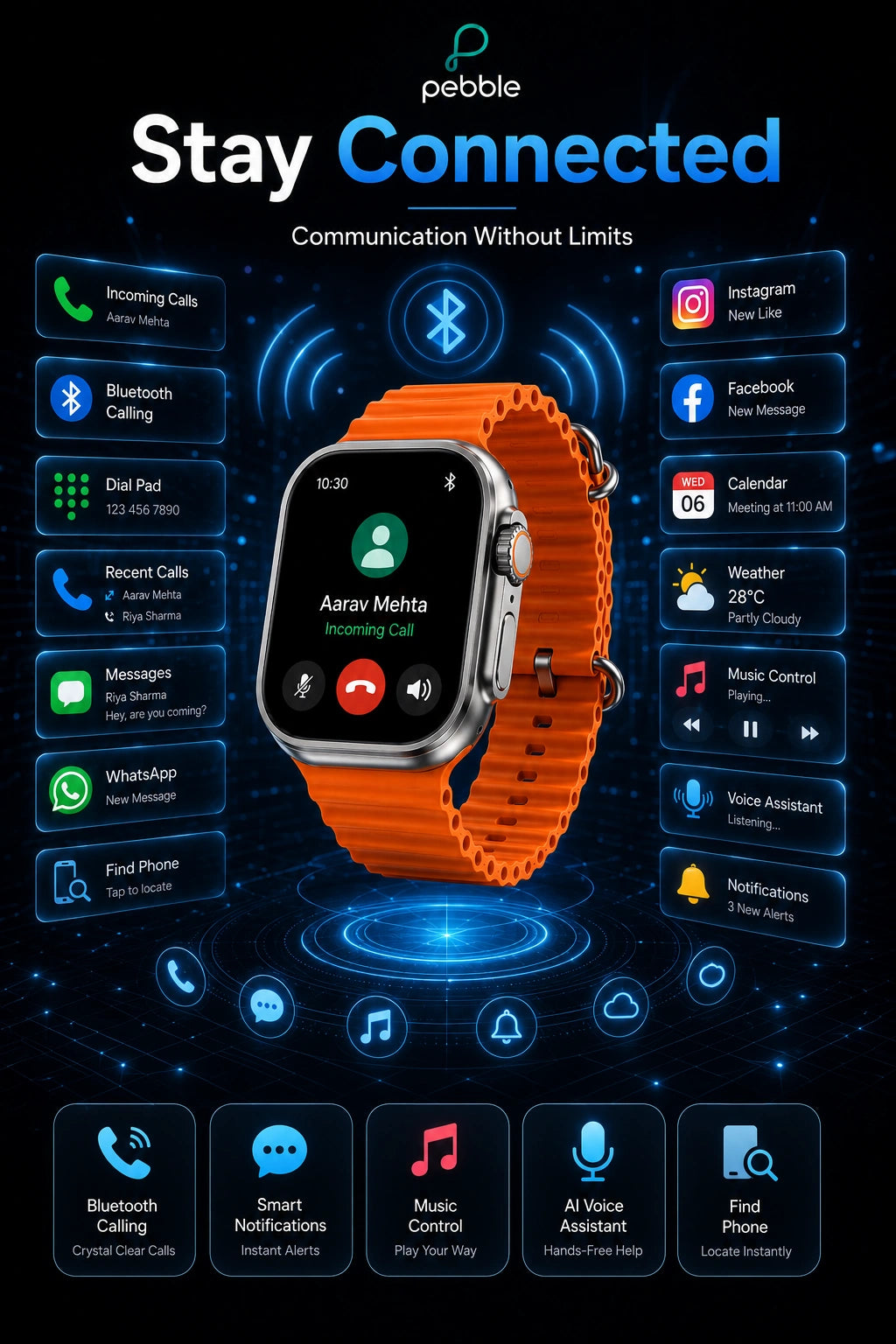 Pebble Cosmos Engage 1.95" HD Bluetooth Calling Smartwatch with Wireless Charging | Orange