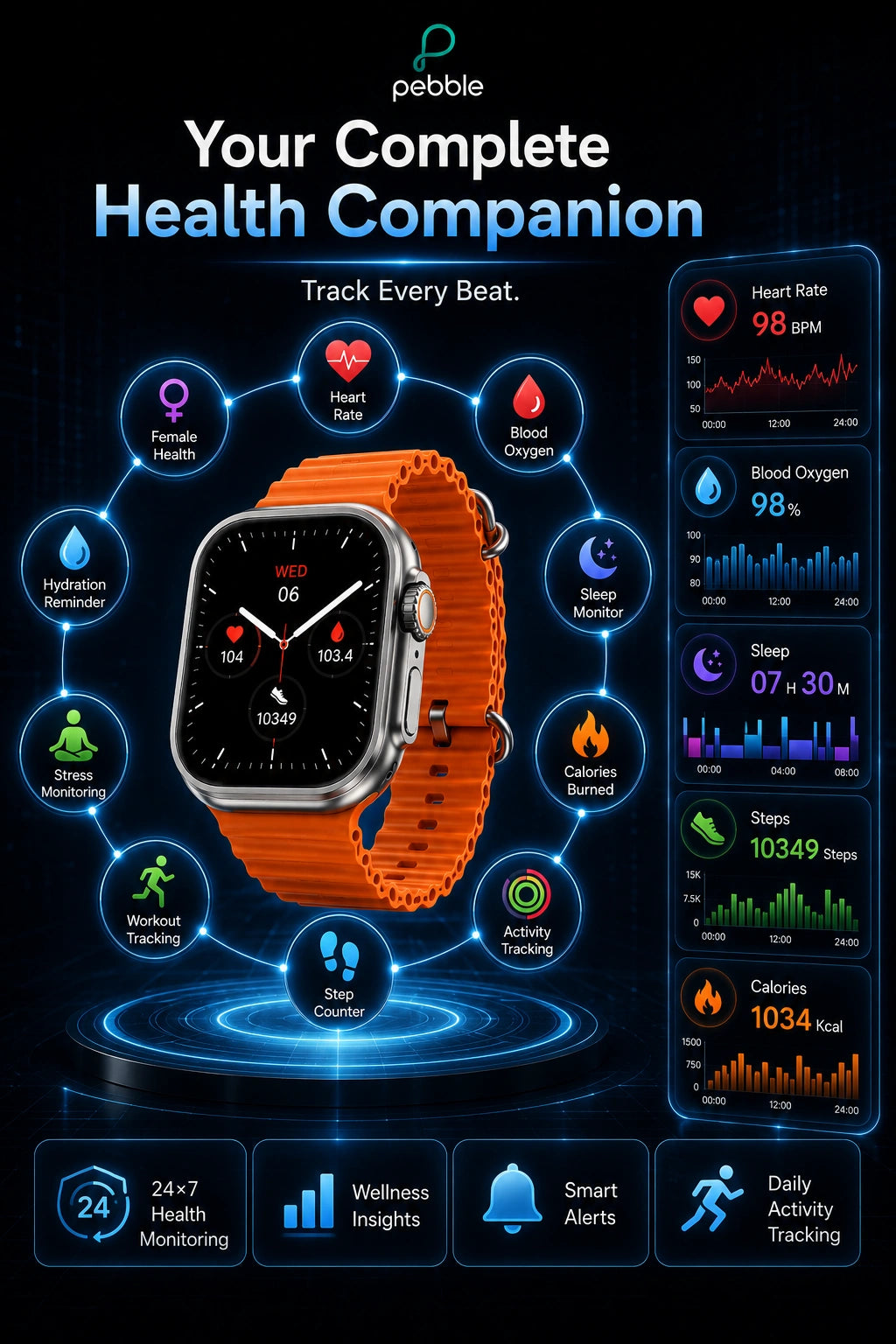 Pebble Cosmos Engage 1.95" HD Bluetooth Calling Smartwatch with Wireless Charging | Orange