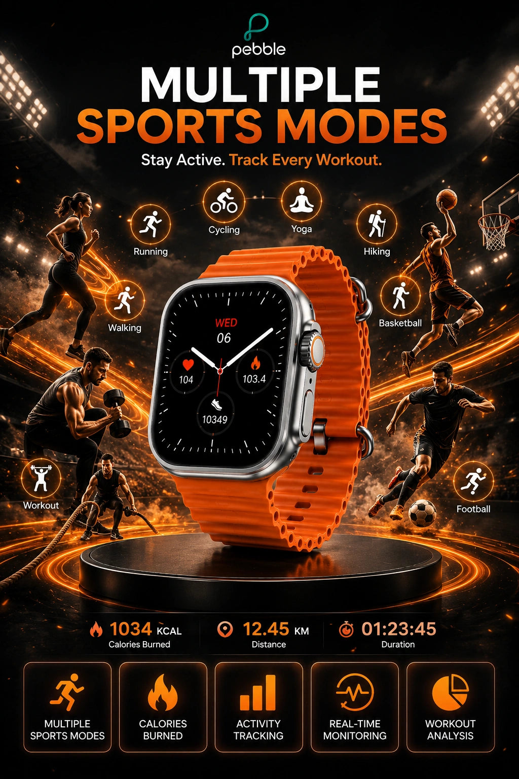 Pebble Cosmos Engage 1.95" HD Bluetooth Calling Smartwatch with Wireless Charging | Orange